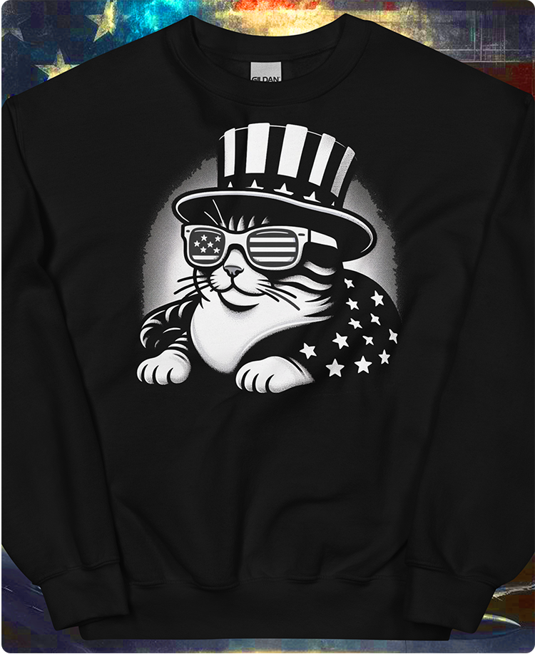 "All-America Pride Cat" Unisex Black and White Graphic Sweatshirt | by AmericaShirt™