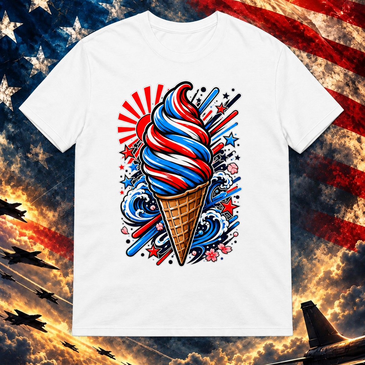 American Ice Cream Cone white T-shirt on the Image Preview Test patriotic background