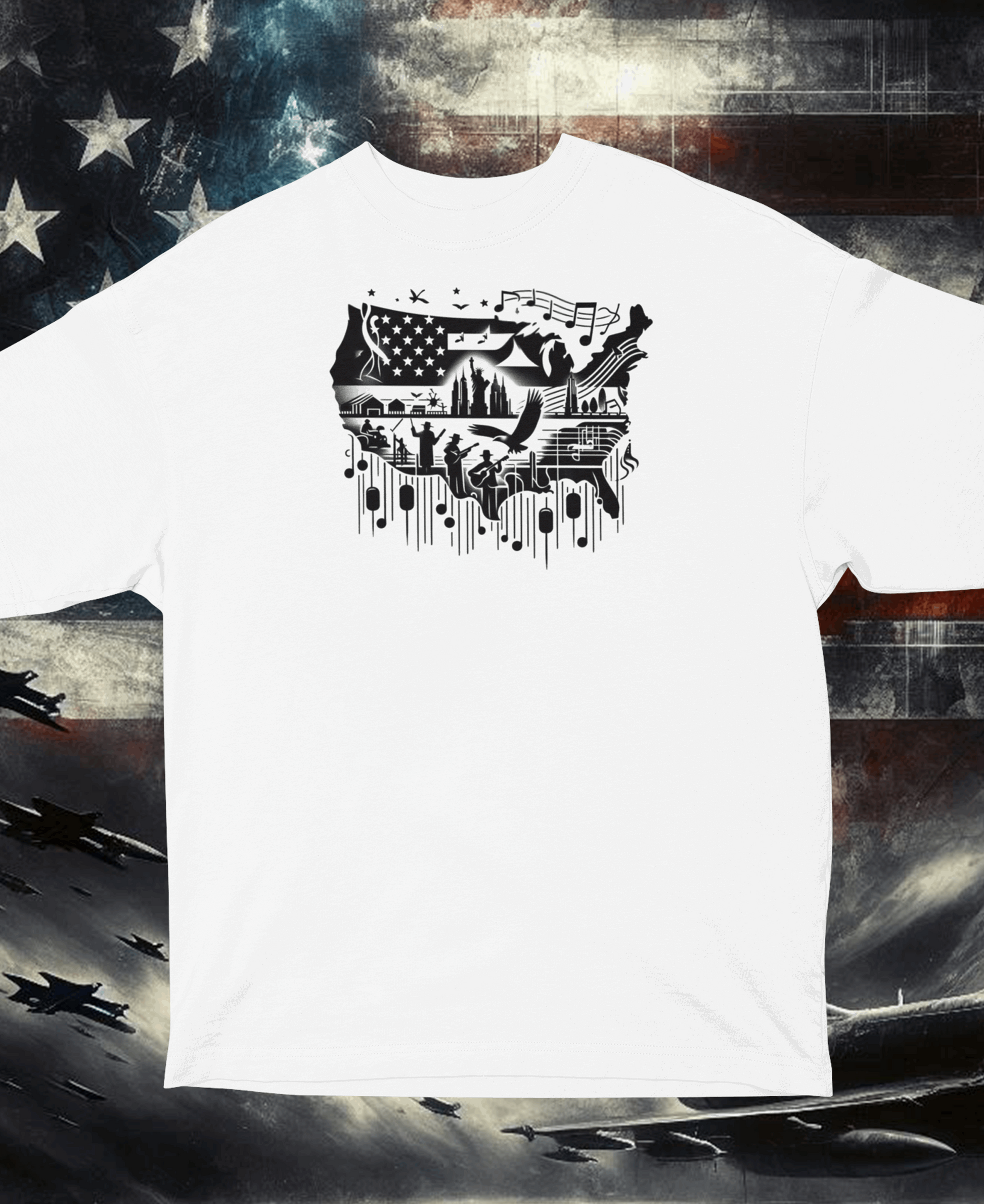 "American Music Notes" Unisex Black & White Graphic Tee | by AmericaShirt™