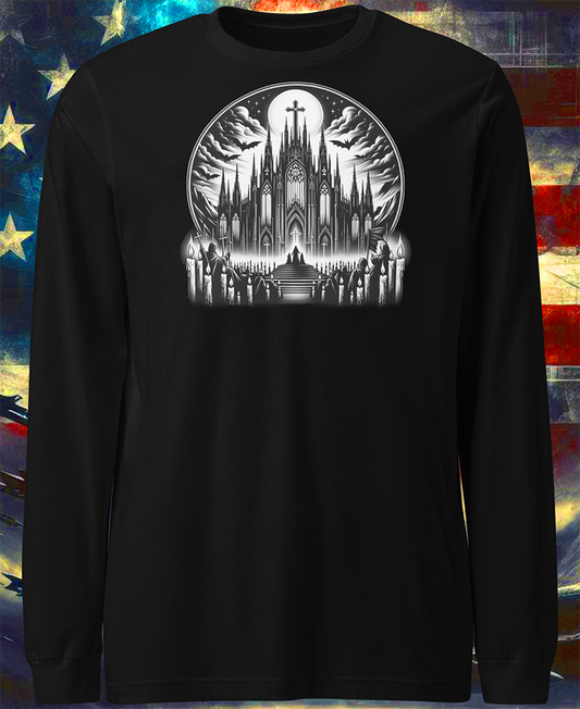 "Cathedral of Darkness" Unisex Black and White Graphic Long Sleeve | by AmericaShirt™