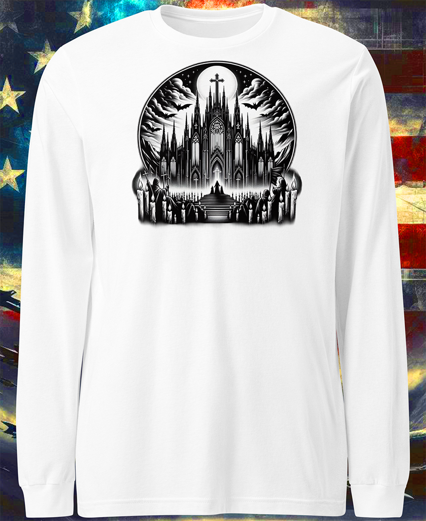 "Cathedral of Darkness" Unisex Black and White Graphic Long Sleeve | by AmericaShirt™