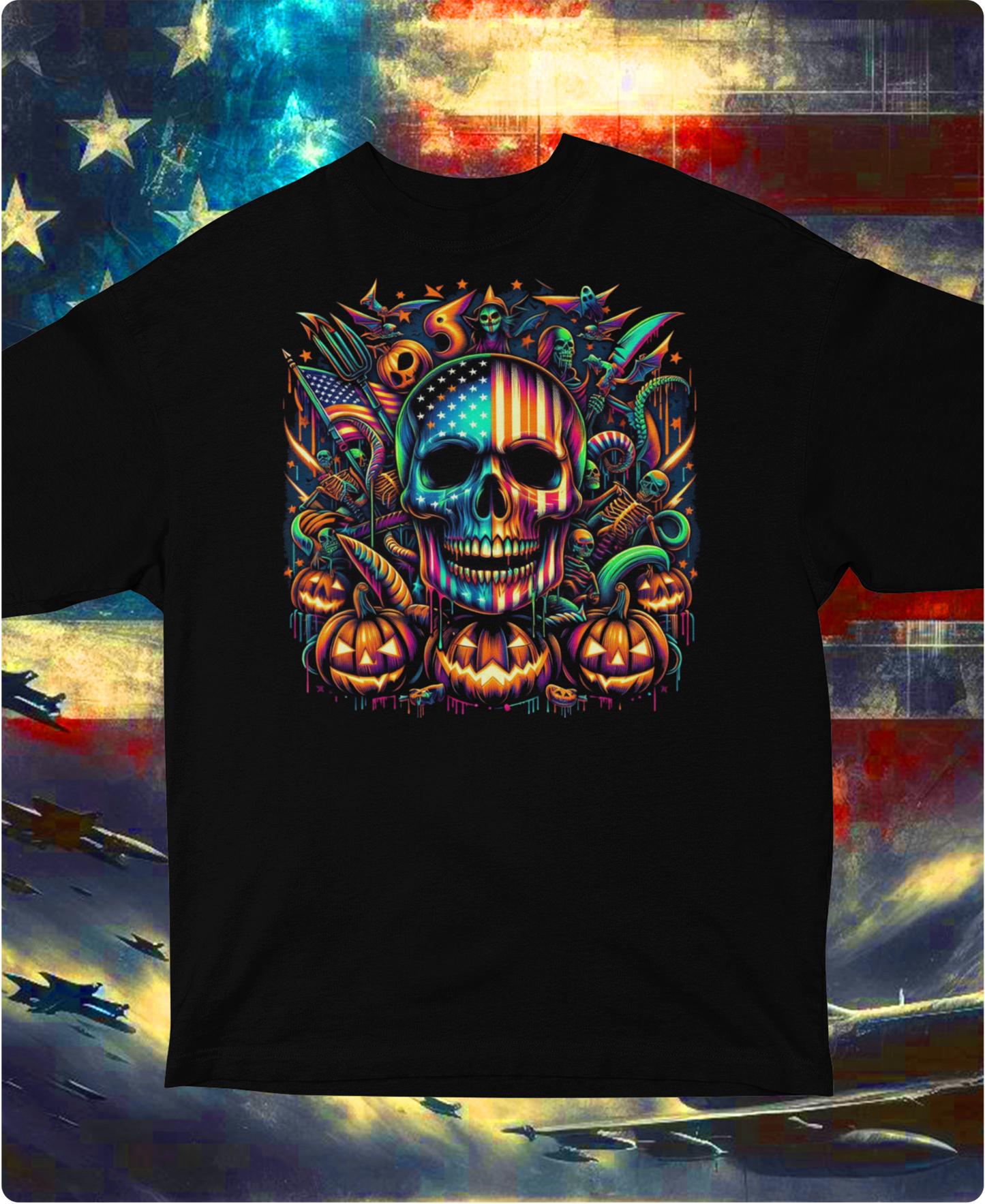 "American Skull Halloween Time" Unisex Full Color Graphic Tee | by AmericaShirt™