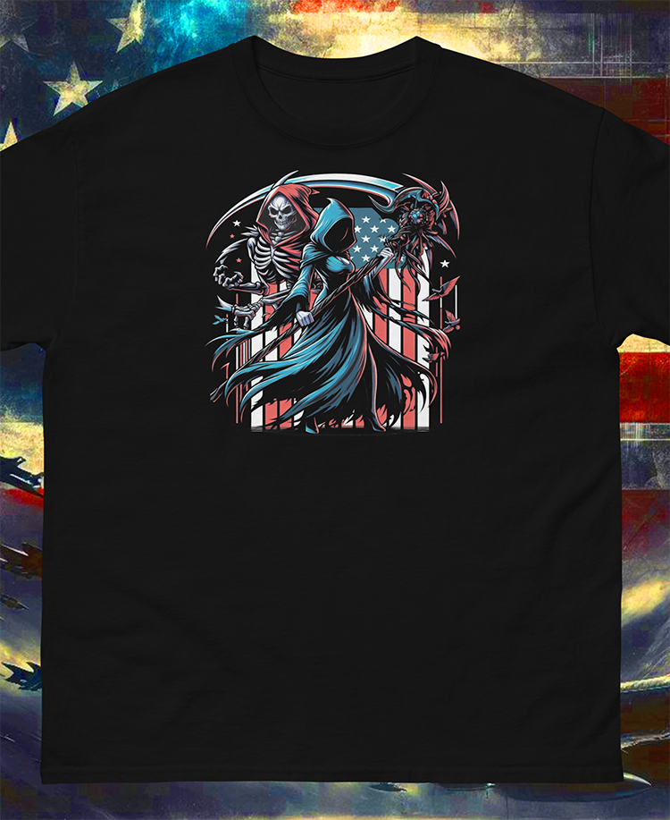 "The Reaper Wears Red, White & Blue" Unisex Full Color Graphic Tee | by AmericaShirt™