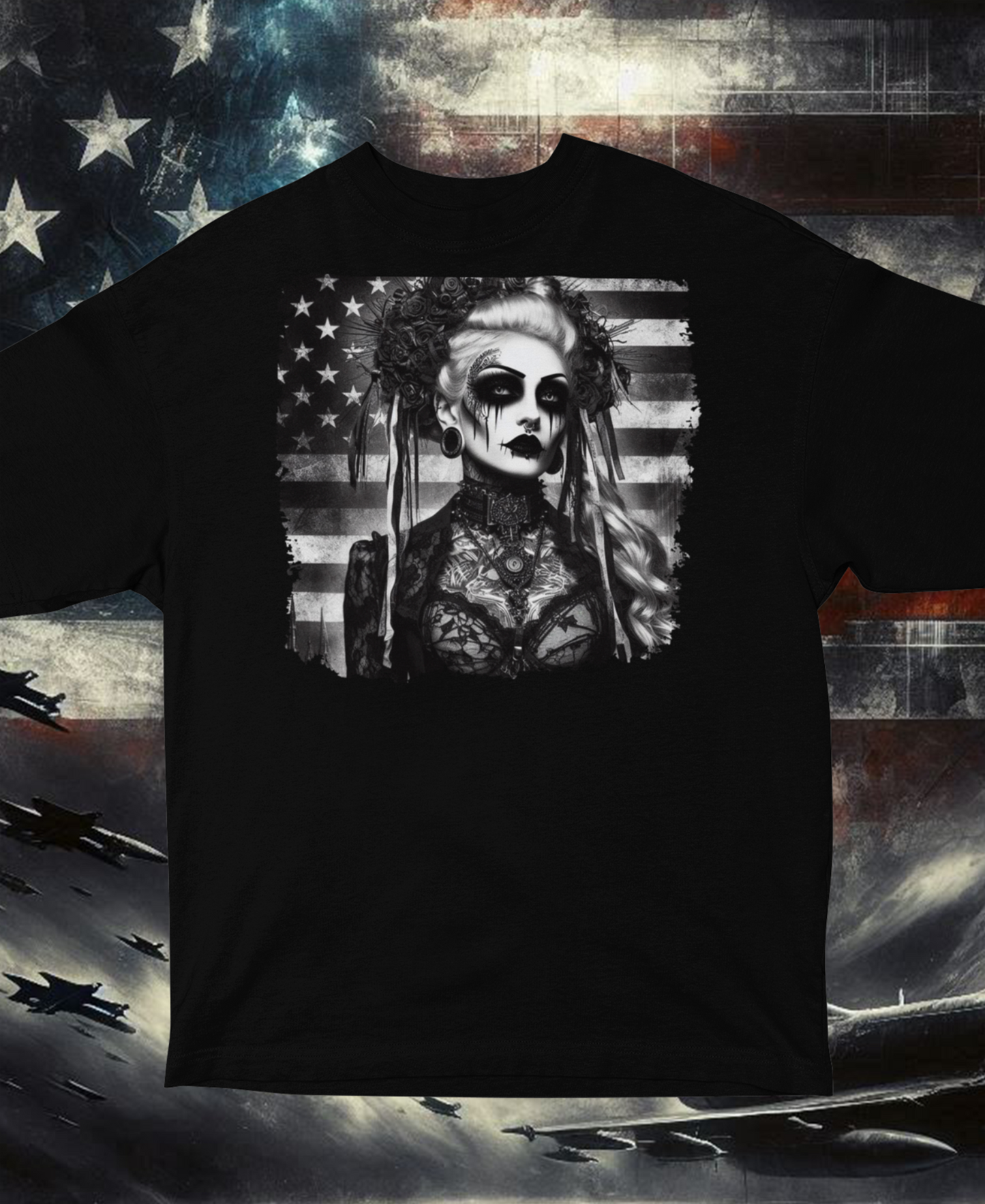 "American Goth Girl" Unisex Black & White Graphic Tee | by AmericaShirt™