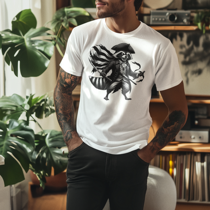 Person wearing a white t-shirt with a black graphic design in a room with plants and records.