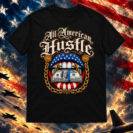 All American Hustle black T-shirt on the Image Preview Test patriotic background