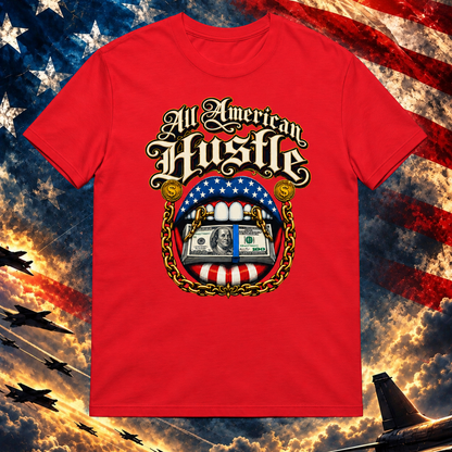 All American Hustle red T-shirt on the Image Preview Test patriotic background