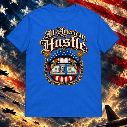 All American Hustle royal T-shirt on the Image Preview Test patriotic background