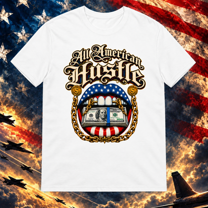 All American Hustle white T-shirt on the Image Preview Test patriotic background