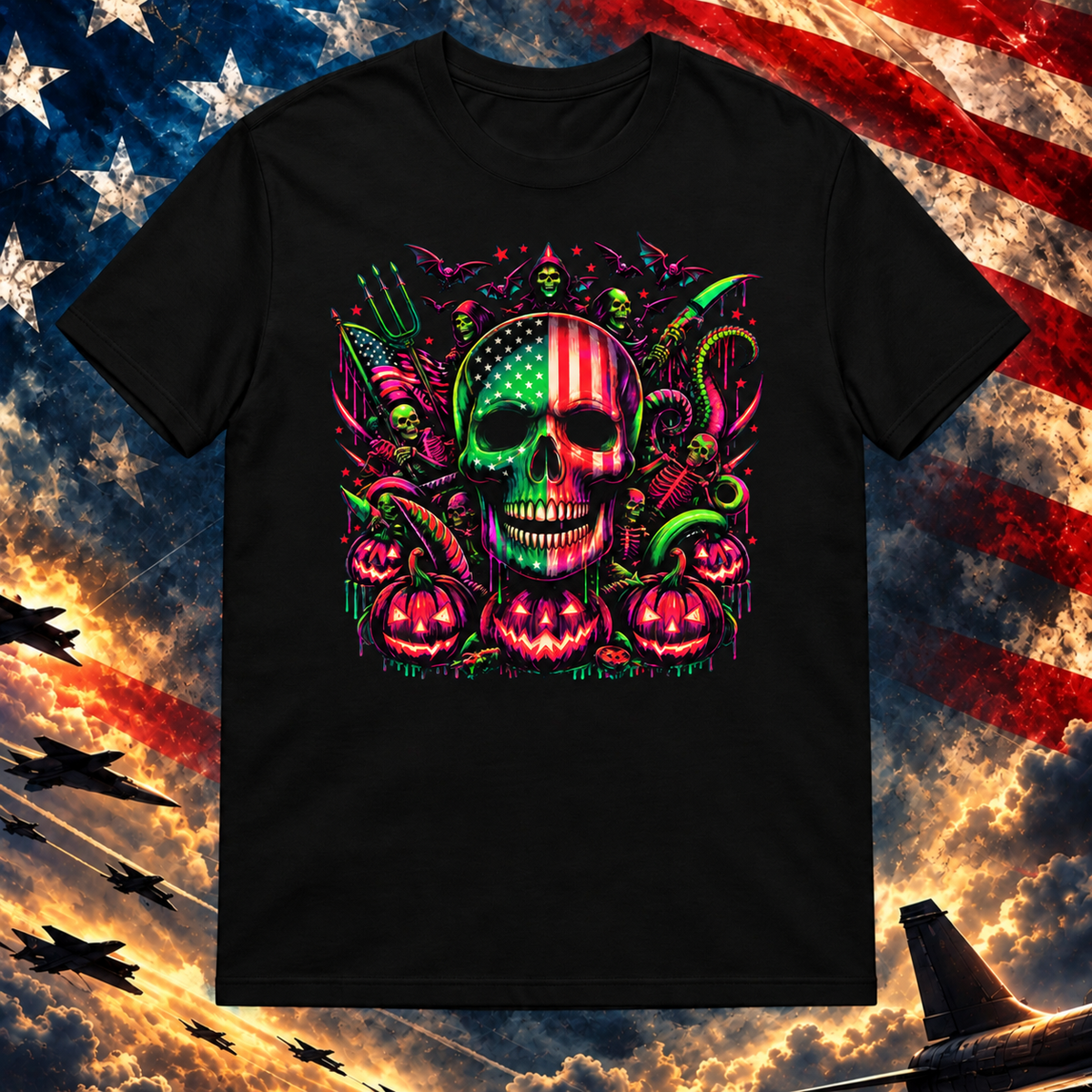 All American Nightmare black T-shirt on the Image Preview Test patriotic background