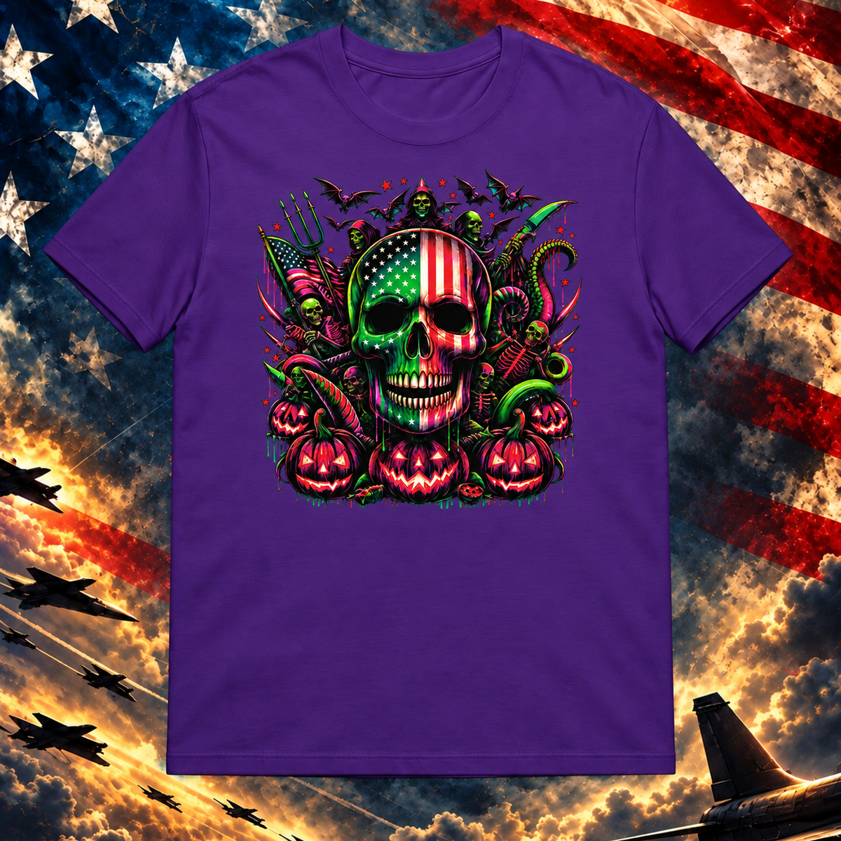 All American Nightmare purple T-shirt on the Image Preview Test patriotic background