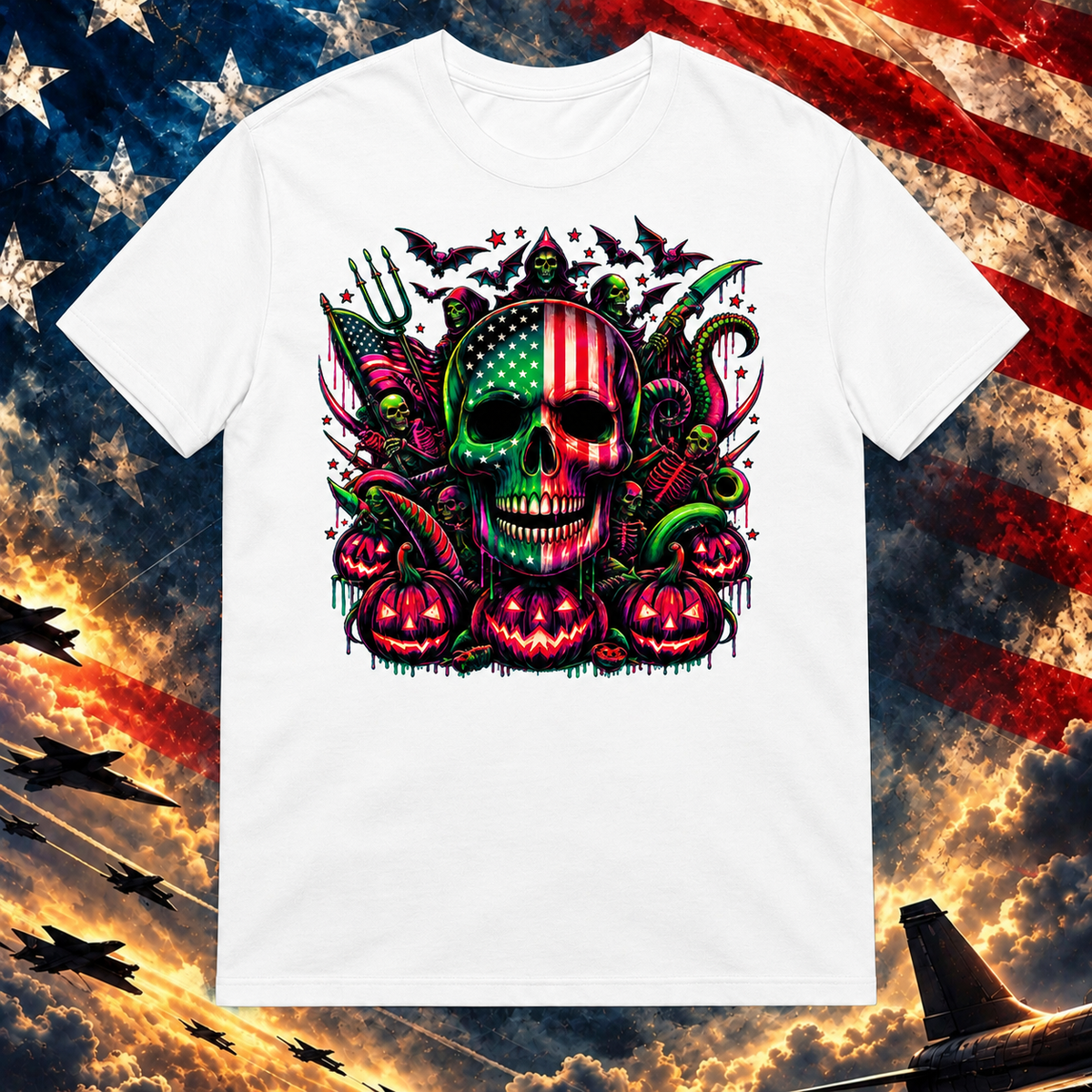 All American Nightmare white T-shirt on the Image Preview Test patriotic background