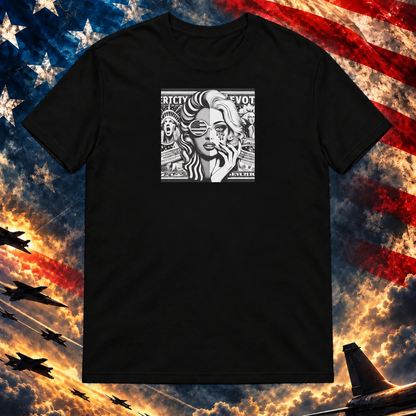 America Girl B&W Collage T-shirt, Black — master square preview at Printful artwork scale