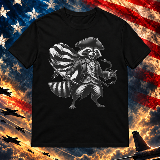 American Patriot Raccoon T-shirt, Black — Printful-scale master preview