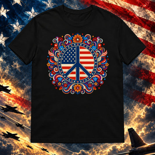 American Pride Collage black T-shirt on a darker square patriotic background