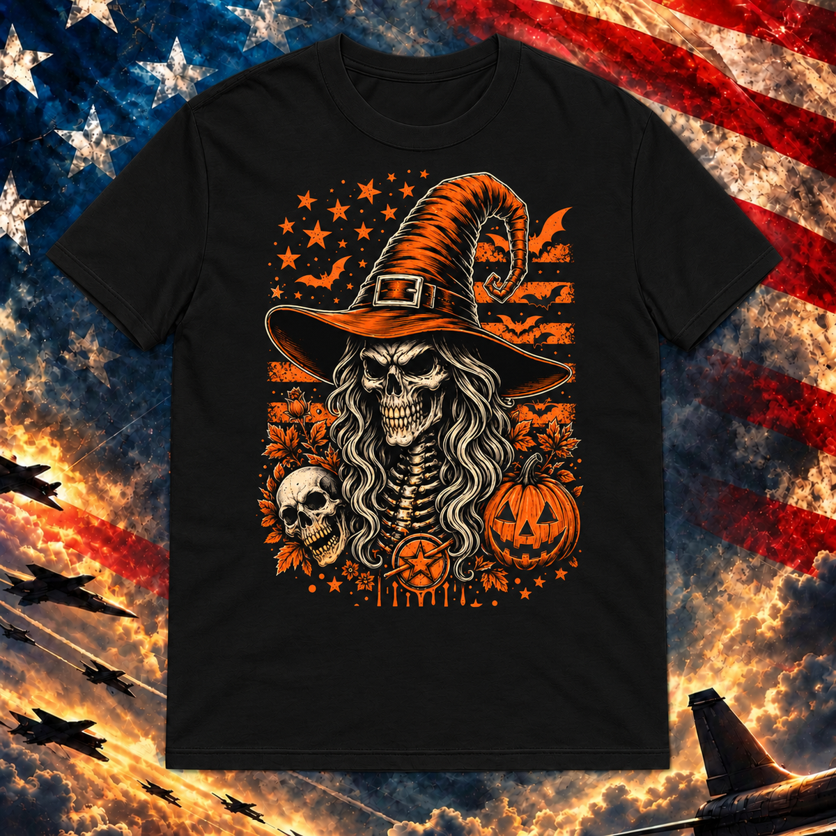 American Skeletal Witch T-shirt, Black — square image preview