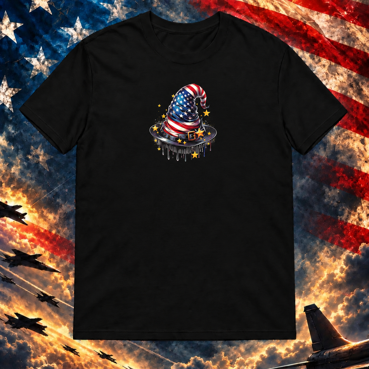 American Wizard Hat black T-shirt on the Image Preview Test patriotic background at Printful artwork scale