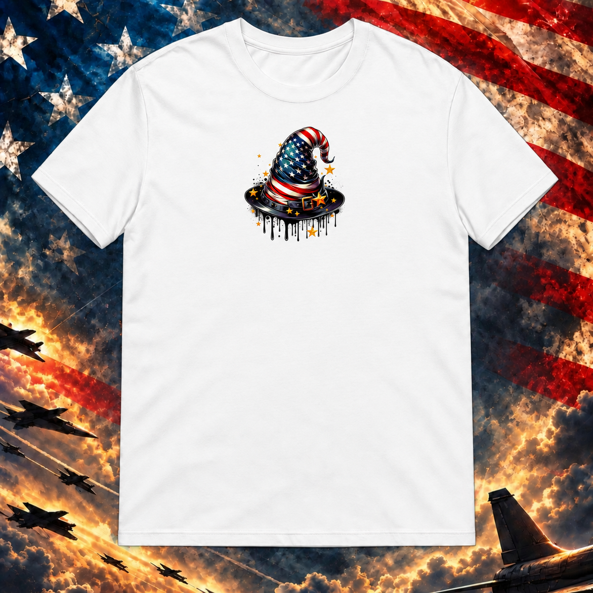 American Wizard Hat white T-shirt on the Image Preview Test patriotic background at Printful artwork scale