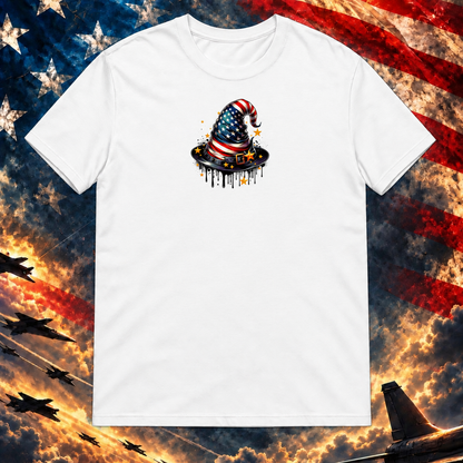American Wizard Hat white T-shirt on the Image Preview Test patriotic background at Printful artwork scale