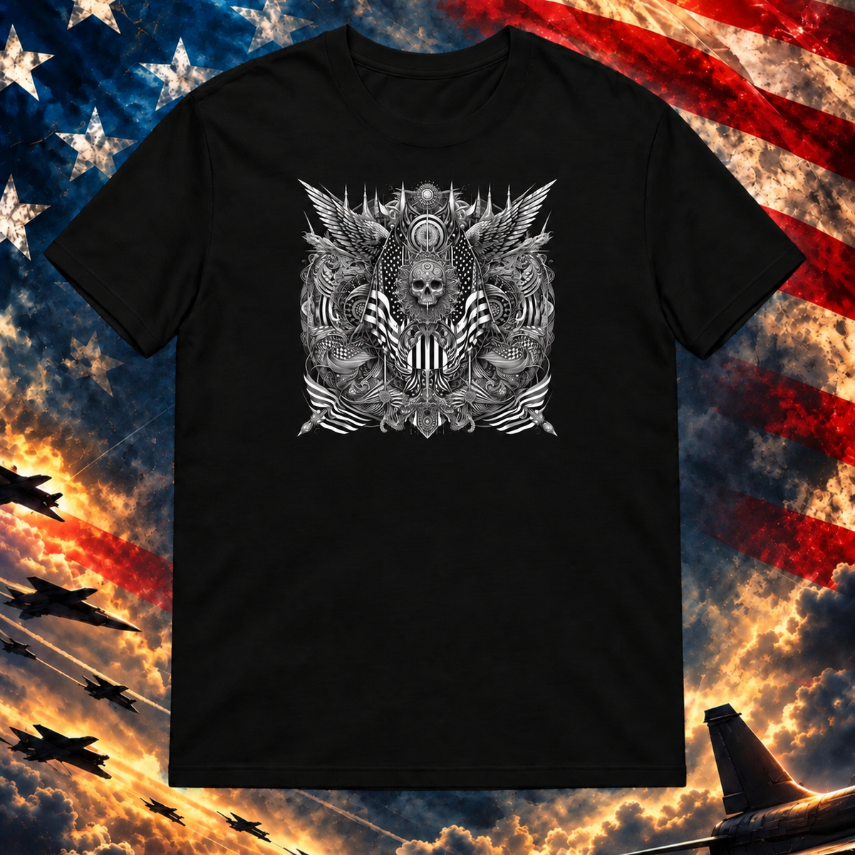 Gothic America Insignia T-shirt, Black — master square preview at Printful artwork scale