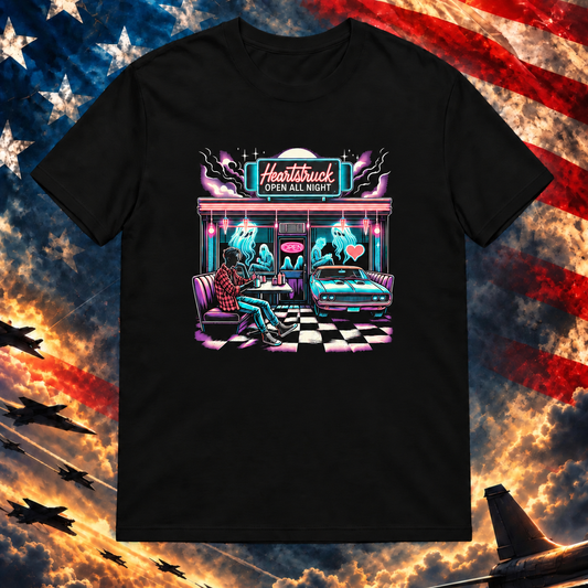 Heartstruck Diner black T-shirt on the patriotic master template at Printful artwork scale