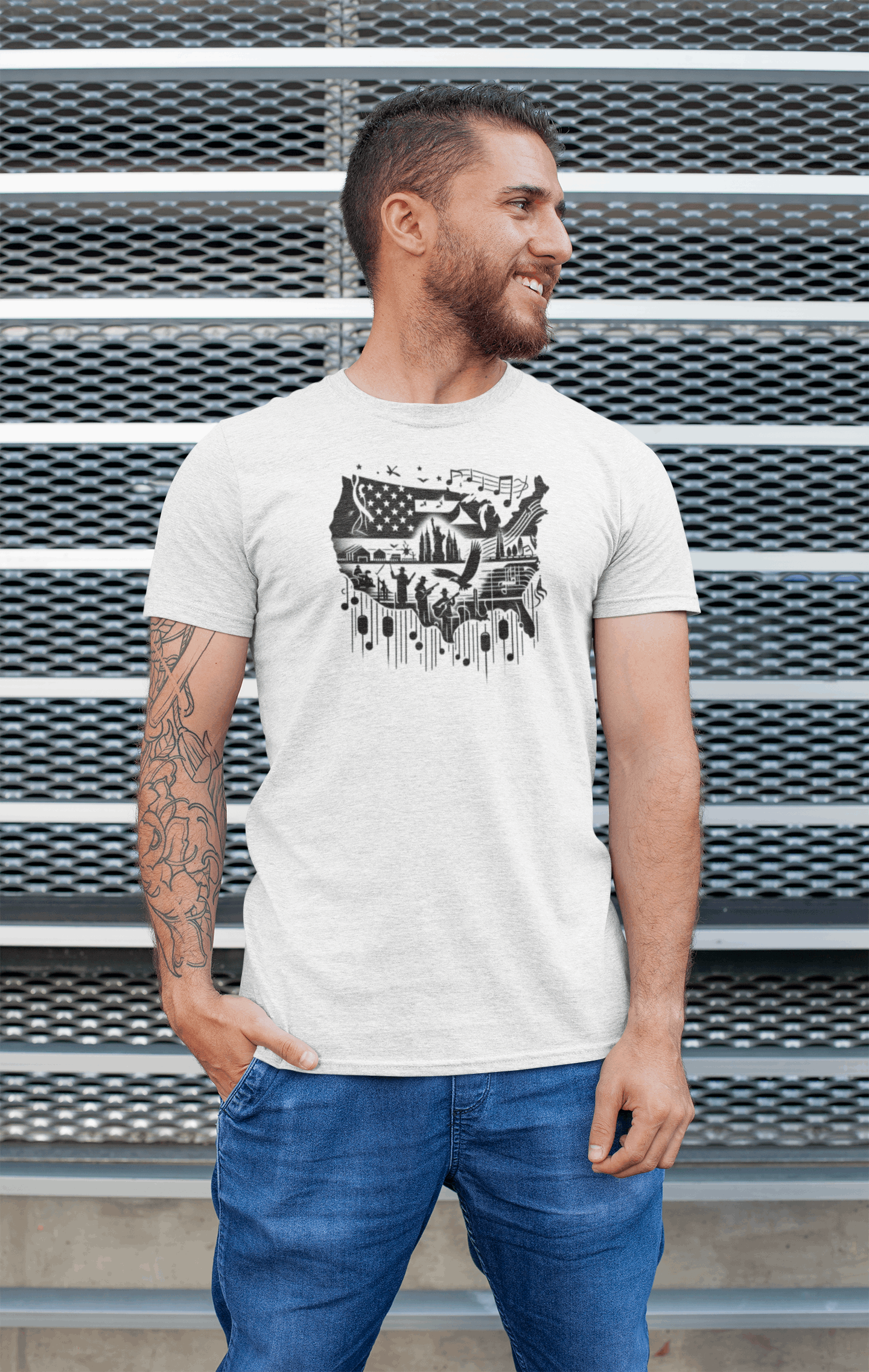 "American Music Notes" Unisex Black & White Graphic Tee | by AmericaShirt™