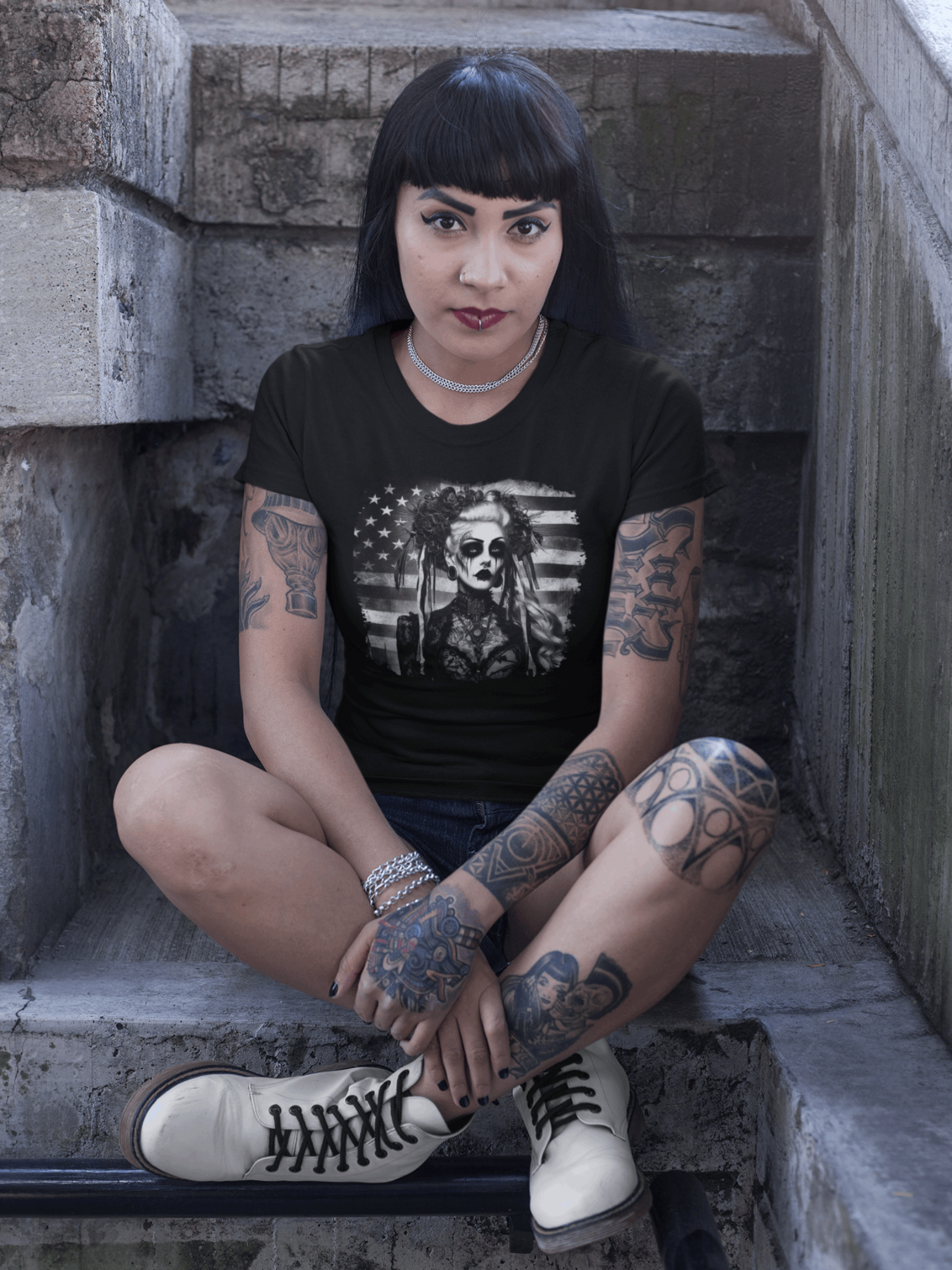 "American Goth Girl" Unisex Black & White Graphic Tee | by AmericaShirt™