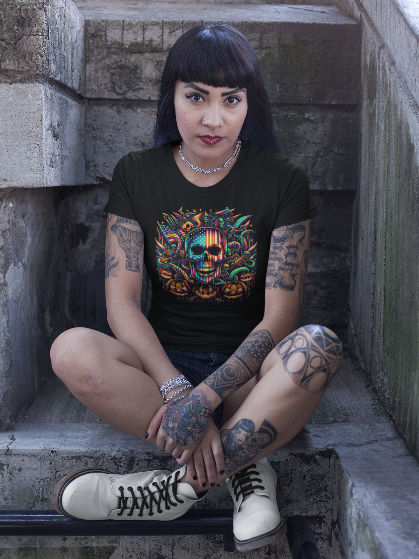 "American Skull Halloween Time" Unisex Full Color Graphic Tee | by AmericaShirt™