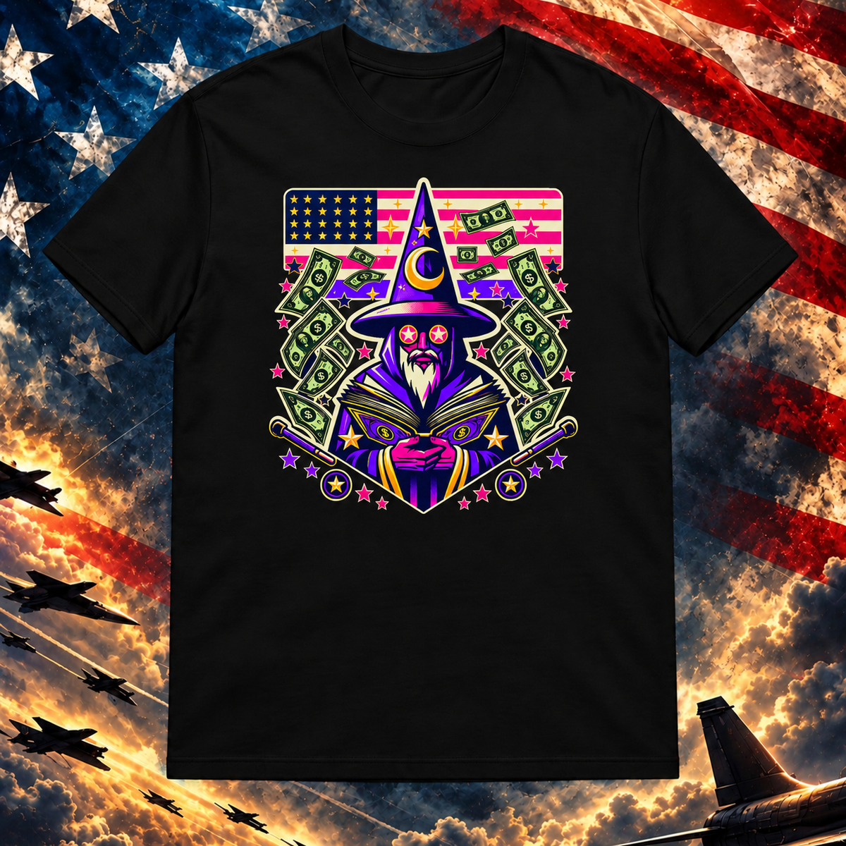 Mage of Manifestation black T-shirt on the Image Preview Test patriotic background