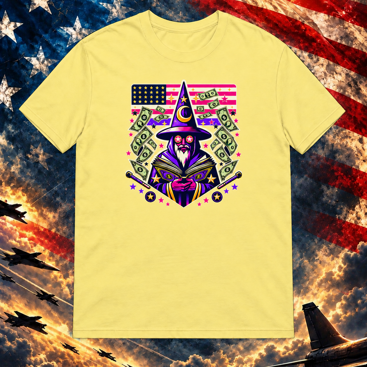 Mage of Manifestation Cornsilk T-shirt on the patriotic master template at Printful artwork scale