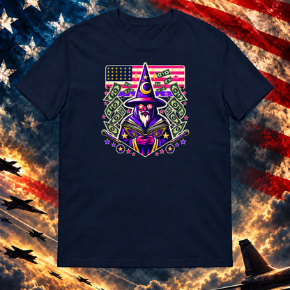 Mage of Manifestation navy T-shirt on the patriotic master template at Printful artwork scale