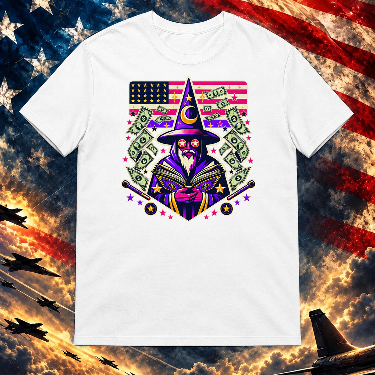 Mage of Manifestation white T-shirt on the Image Preview Test patriotic background