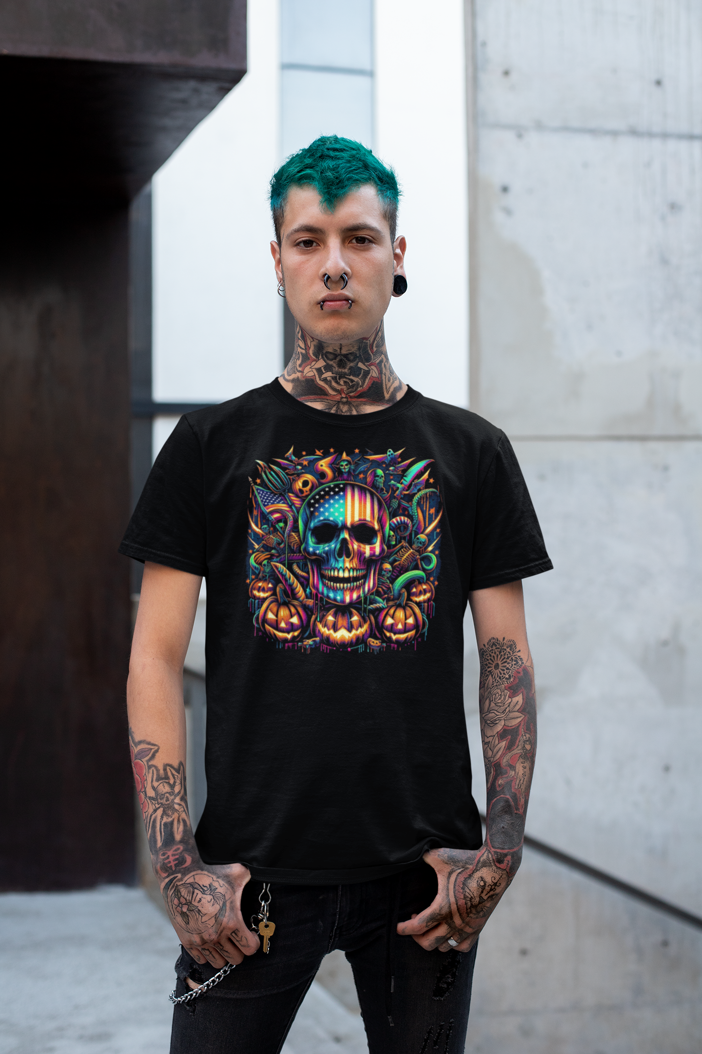 "American Skull Halloween Time" Unisex Full Color Graphic Tee | by AmericaShirt™