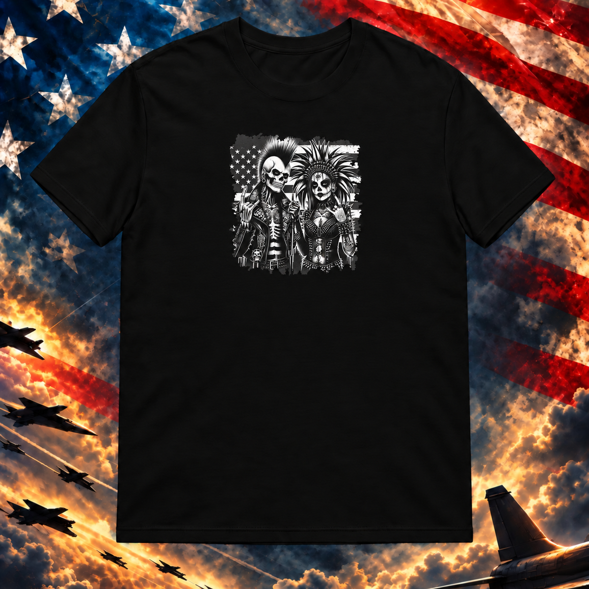 Punk Rock America black T-shirt on the Image Preview Test patriotic background at Printful artwork scale