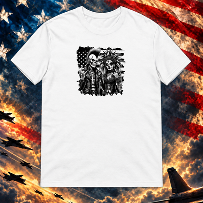Punk Rock America white T-shirt on the Image Preview Test patriotic background at Printful artwork scale