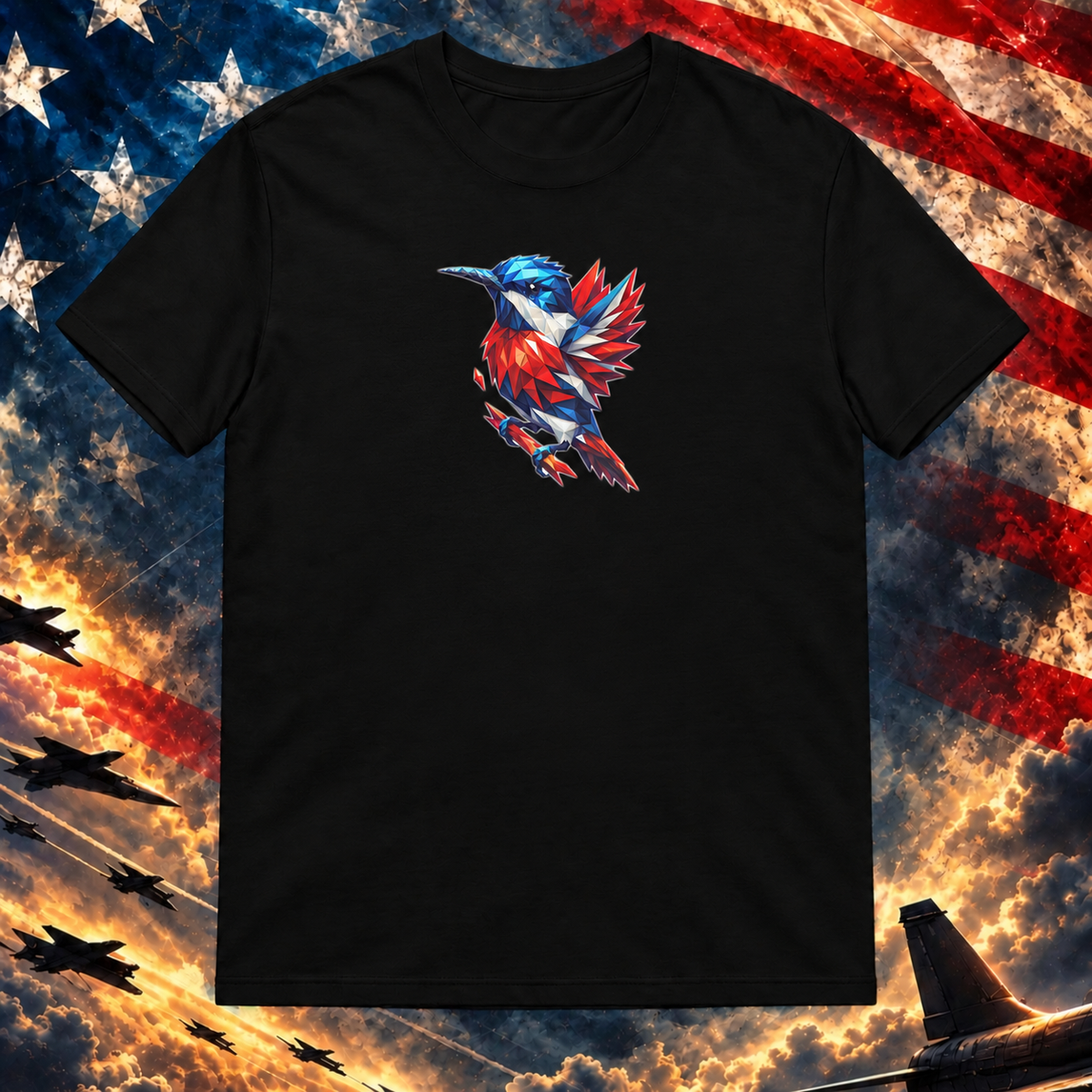 Red White And Blue Bird T-shirt, Black — master square preview at Printful artwork scale