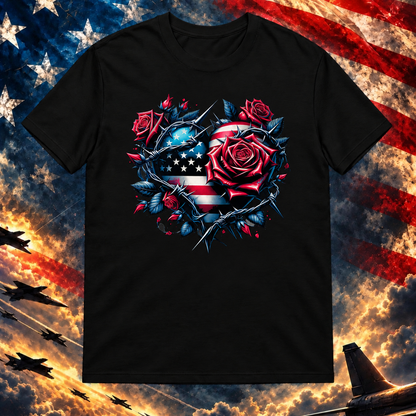 Rose Covered American Heart T-shirt, Black — Printful-scale master preview