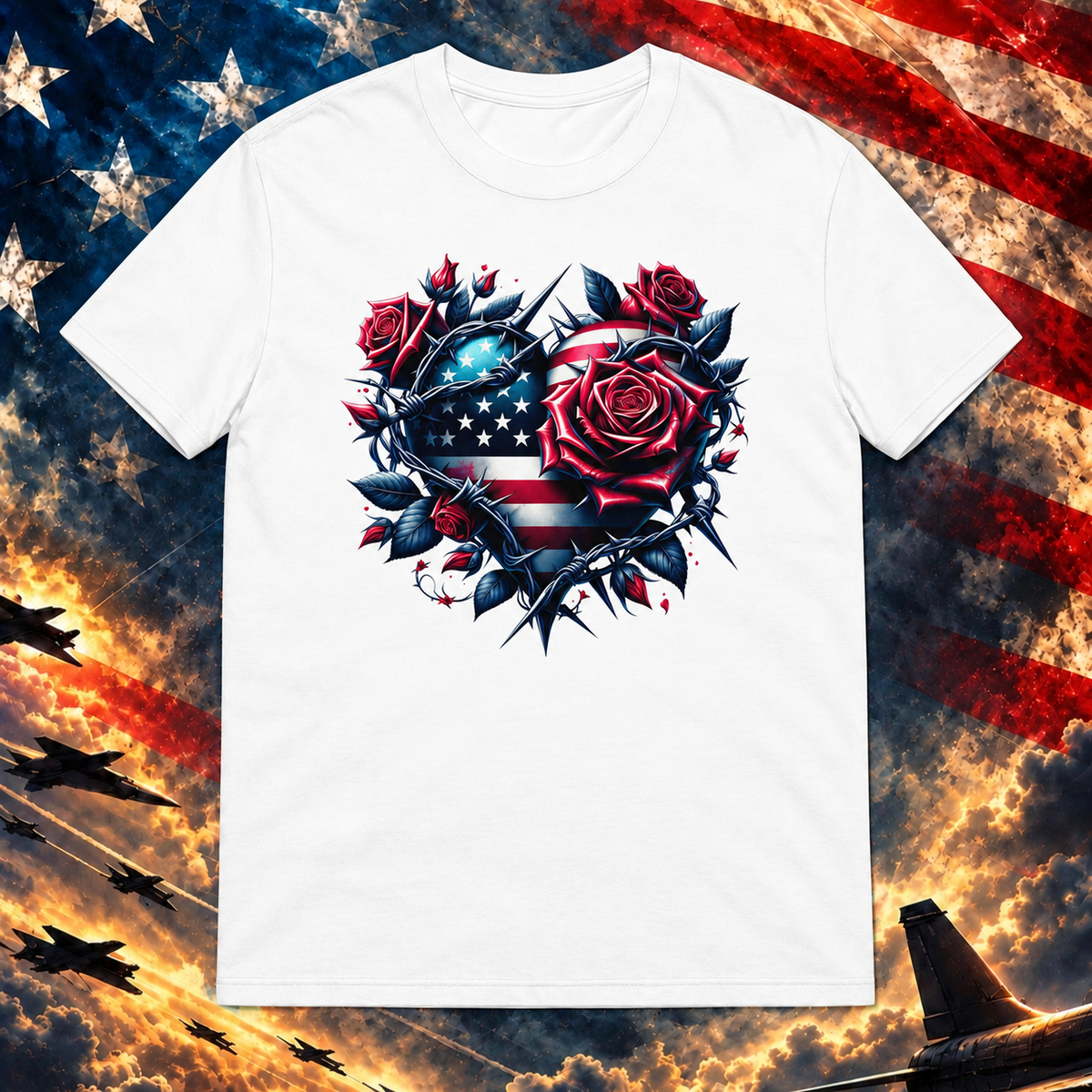 Rose Covered American Heart T-shirt, White — Printful-scale master preview