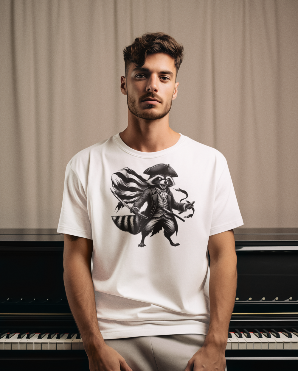 Man wearing a white t-shirt with a black graphic design in front of a piano.