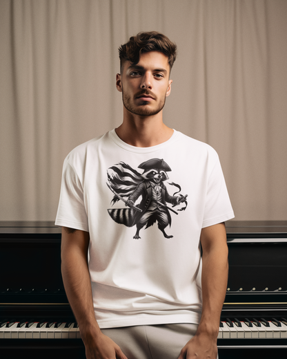Man wearing a white t-shirt with a black graphic design in front of a piano.