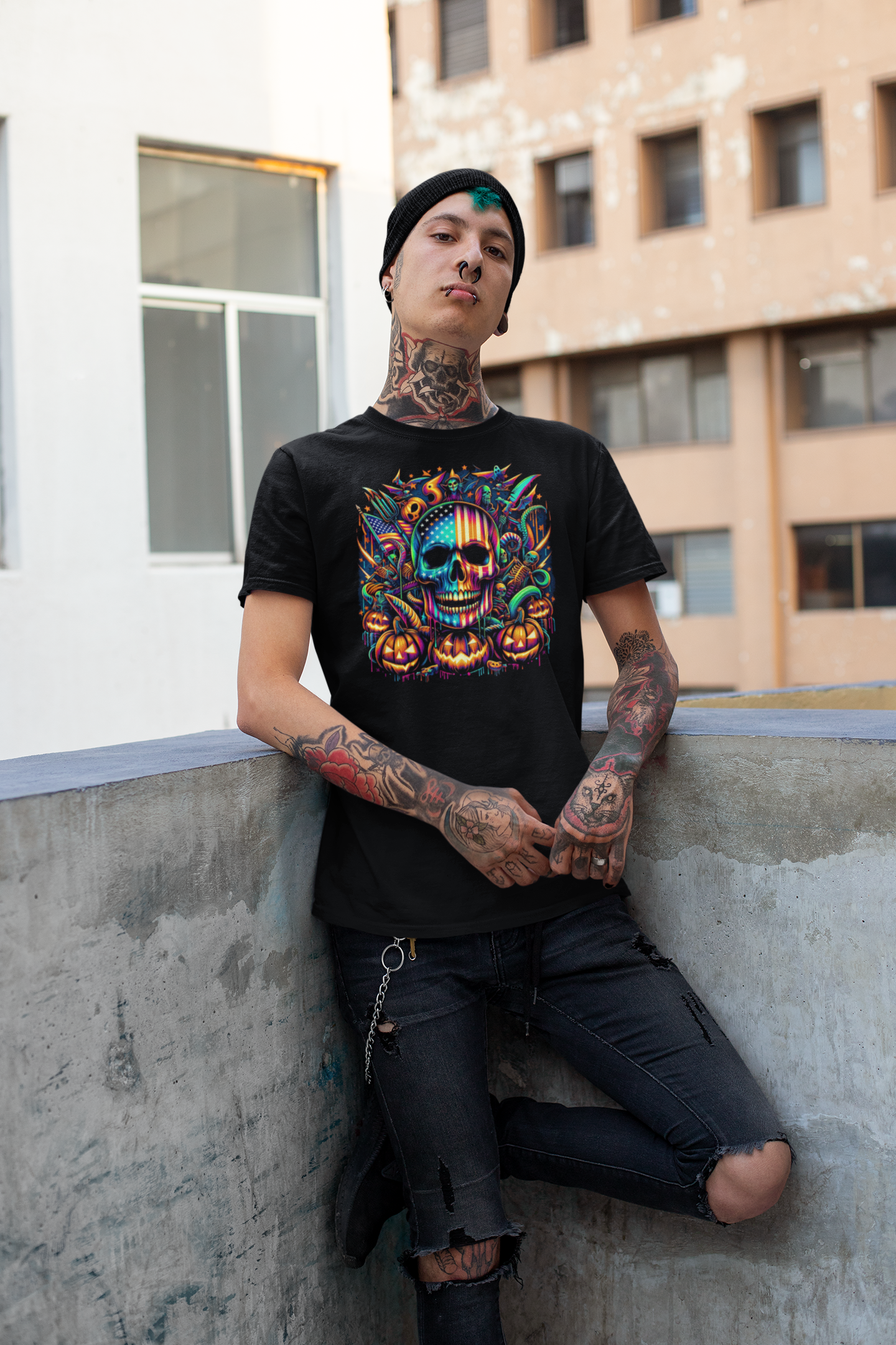 "American Skull Halloween Time" Unisex Full Color Graphic Tee | by AmericaShirt™