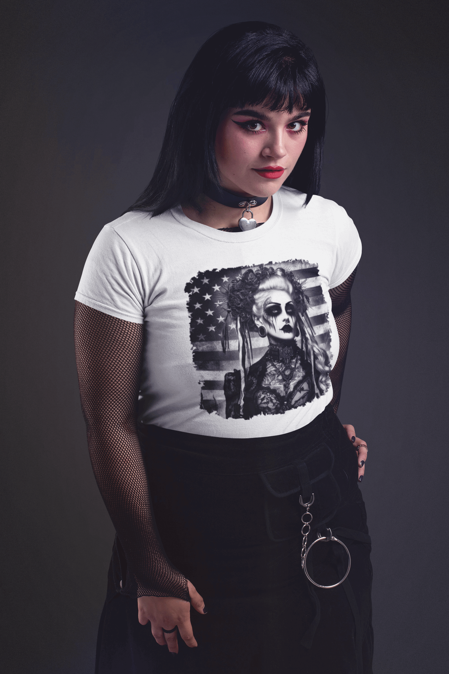 "American Goth Girl" Unisex Black & White Graphic Tee | by AmericaShirt™