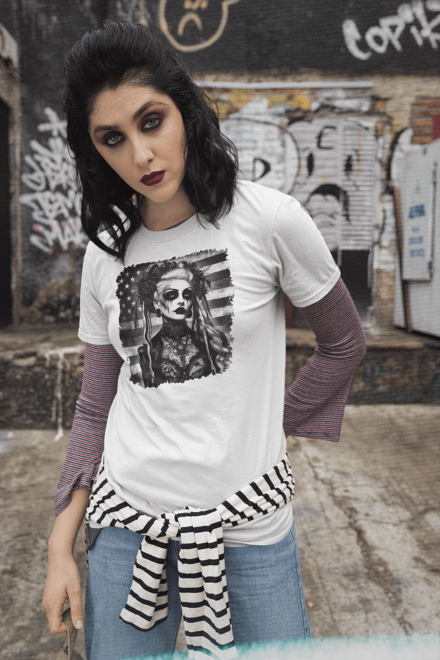 "American Goth Girl" Unisex Black & White Graphic Tee | by AmericaShirt™