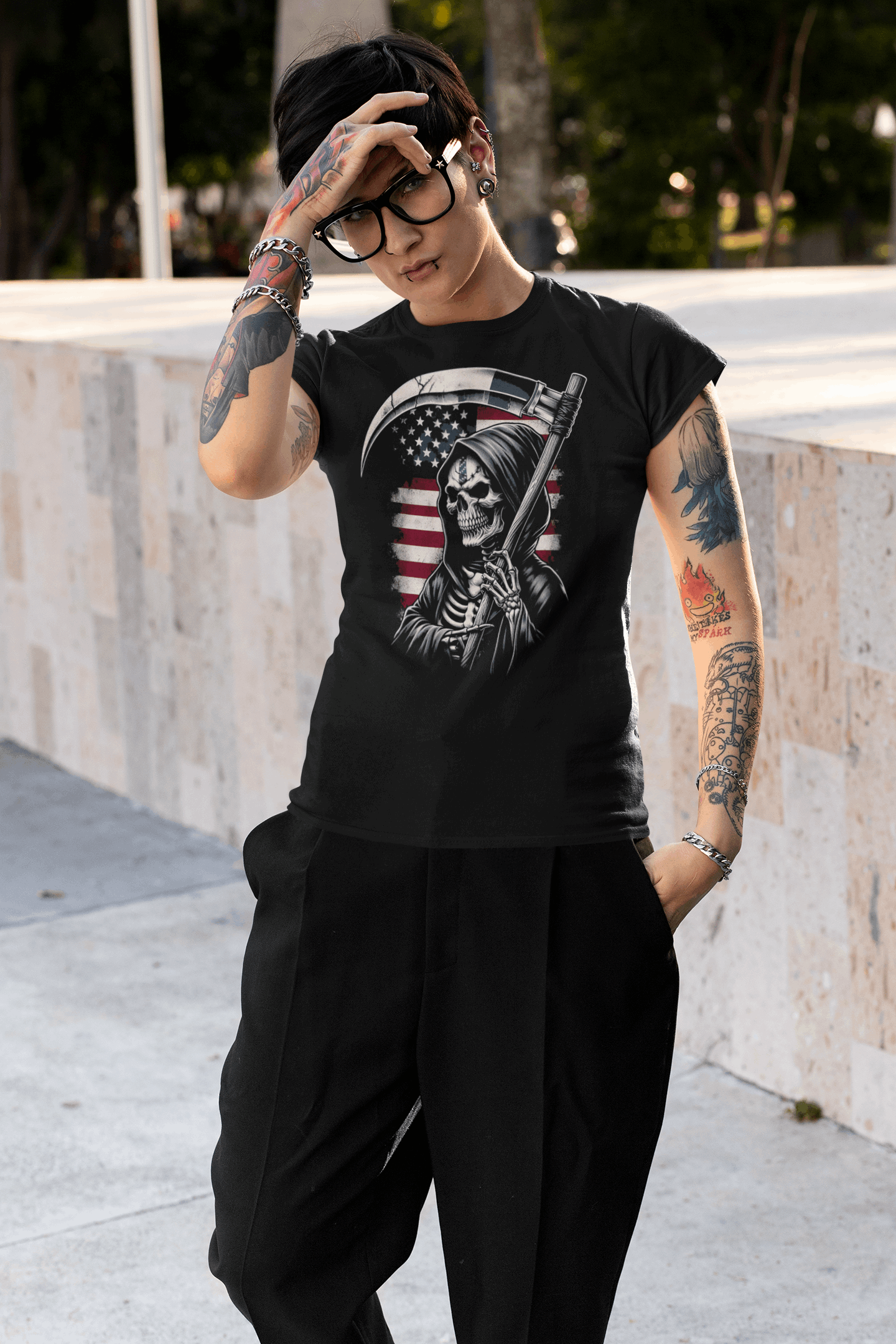 "American Grim Reaper" Unisex Full Color Graphic Tee | by AmericaShirt™