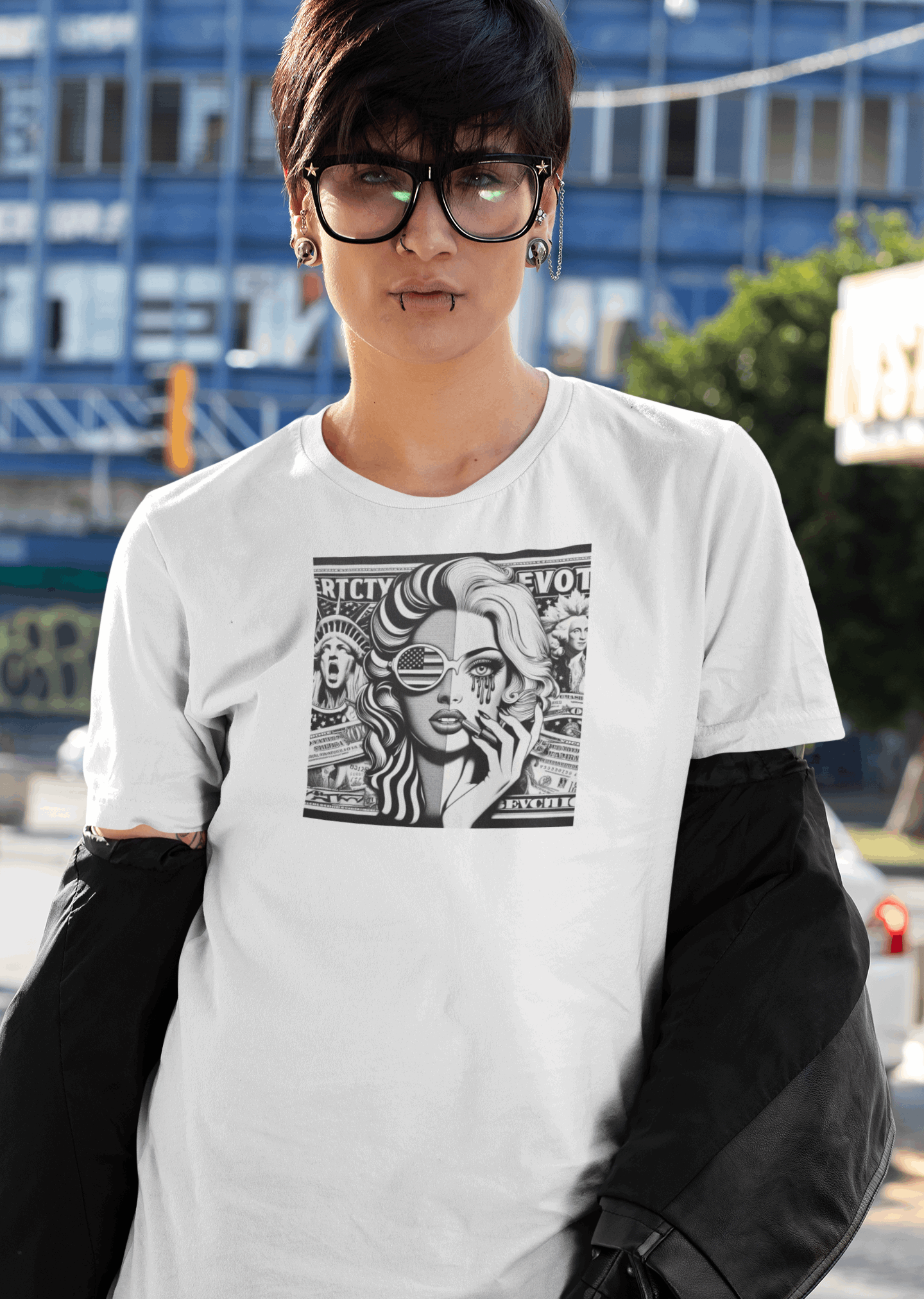 "America Girl B&W Collage" Unisex Black & White Graphic Tee | by AmericaShirt™